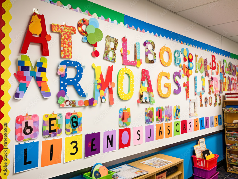 Colorful, alphabet-themed wall decorations in a classroom. 