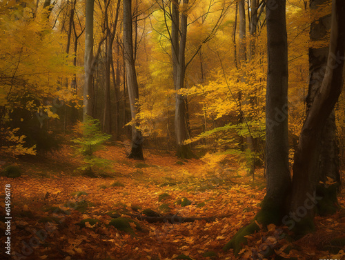 Dense and enchanting forest in golden autumn hues.