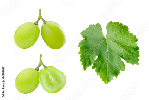 Set of cutout fresh Shine Muscat grape and leaf isolated on transparent background, PNG file.