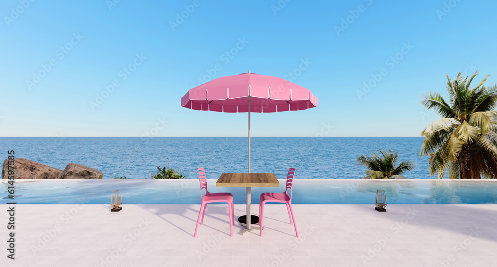 Beach house, hotel, resort, only the dining table and pink chairs look out to the pool, trees close to the sea and sky. Suitable for relaxation. Elegant 3D renderings with sea views.