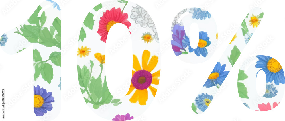 Ten percent discount number. Beautiful font. Floral seamless pattern. 10% off