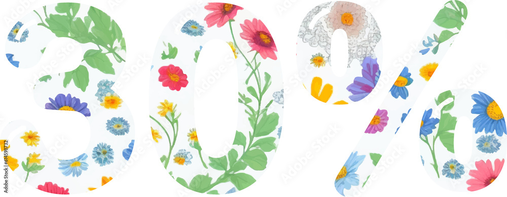Fototapeta premium thirty percent discount number. Beautiful font. Floral seamless pattern. 30% off