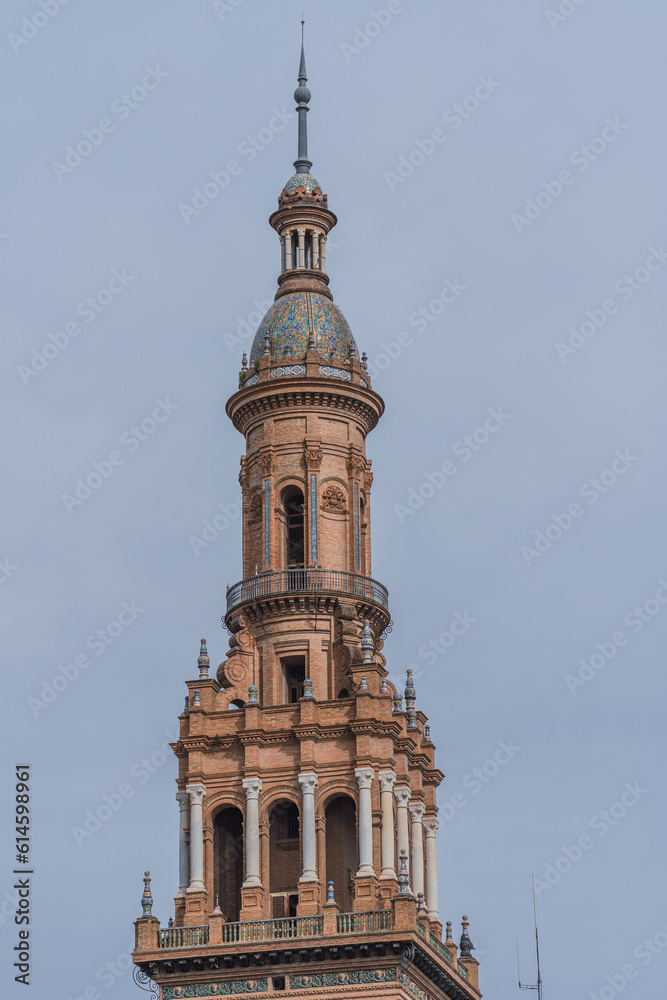 Side tower of the central square. Seville, Spain. Spanish Square (Plaza de Espana)