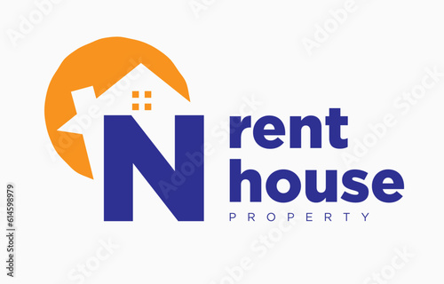 letter N house and sun vector design element for real estate logo or realty exhibition
