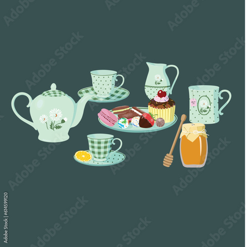 Retro tea time set flat vector. Icons for teatime concept: Teapot, tea cup, pastry, honey jar, milk jug. 