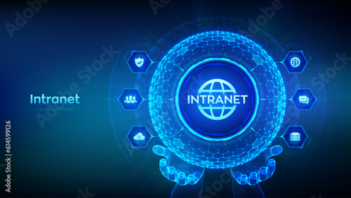 INTRANET. Global Network Connection Technology concept in the shape of sphere with hexagon grid pattern in wireframe hands. Intranet Business Corporate communication. DMS. Vector illustration.