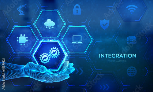Integration data system. System Integration technology concept in wireframe hand. Industrial and smart technology. Business and automation solutions. Vector illustration.