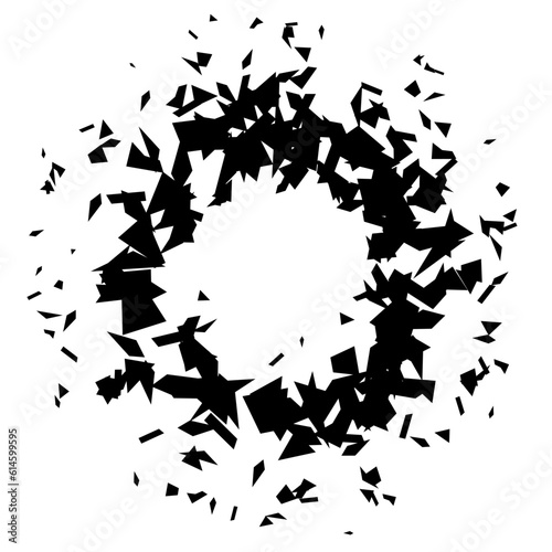 Circle shape debris and shatters. Black broken pieces, specks, speckles and particles. Abstract explosion and burst textured element. Vector frame illustration 