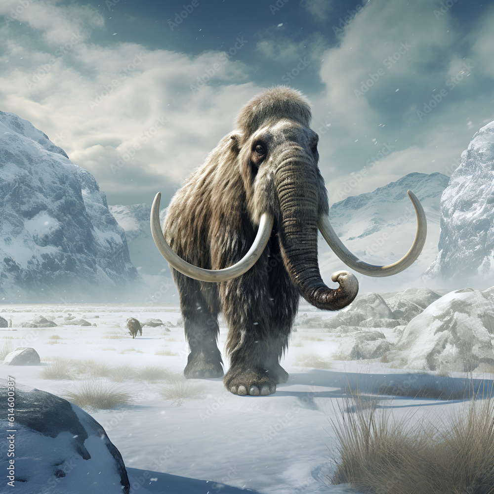 Woolly mammoth roaming the terrains of the ice age earth. Generative AI ...