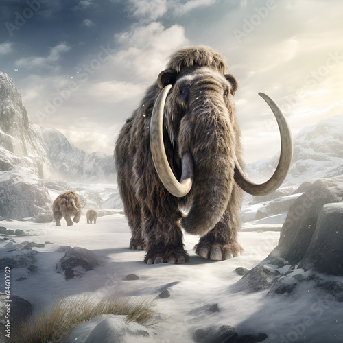 Woolly mammoth roaming the terrains of the ice age earth. Generative AI.