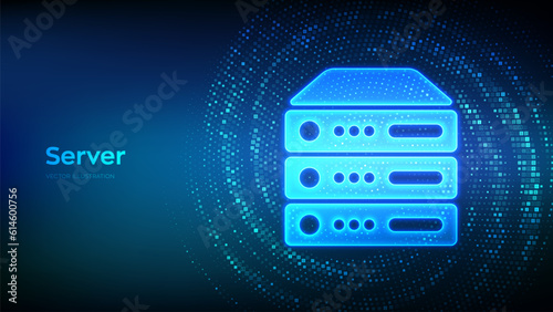 Server and data storage background. Computer server icon made with binary code. Server hosting. Virtual tunnel warp made with digital code. Data Flow. Vector Illustration.