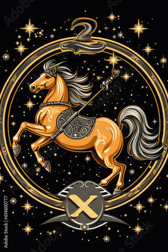 Backdrop of sacred zodiac Sagittarius symbols, astrology, alchemy, magic, sorcery and fortune telling. 