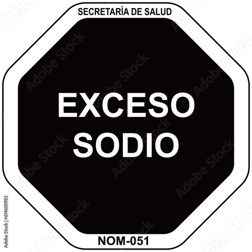sellos frontales - Exceso Sodio -  de advertencia octagonales en los empaques de alimentos_sello octogonal - nom 051 - fondo negro blanco