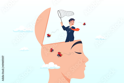 Human head with himself losing focus and distracted by bugs flying around, distraction, social media or environment that disturb and cannot focus on work, unproductive lifestyle concept (Vector)
