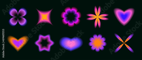 Smooth blurred gradient flowers, stars and hearts set. Y2K aura shapes collection. Colorful neon abstract trendy elements for logo, templates, badges, stickers, collages. Vector pack