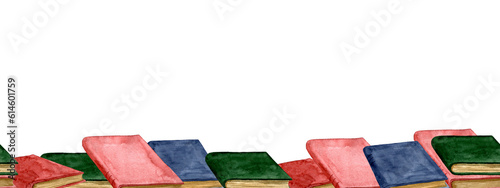 Seamless border from colorful books. Watercolor hand drawn illustration on white background. Template for design cards, flyers and invitations.