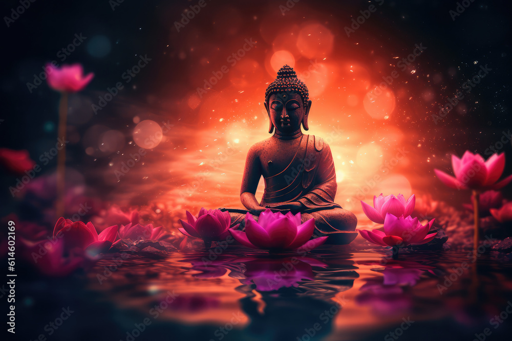 Buddha and lotuses flowers, generative AI