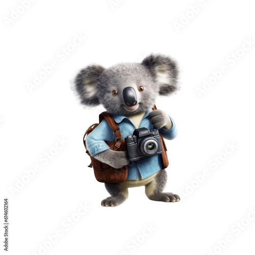 Photographer Koala is a cute koala holding a camera and wearing a camera strap.