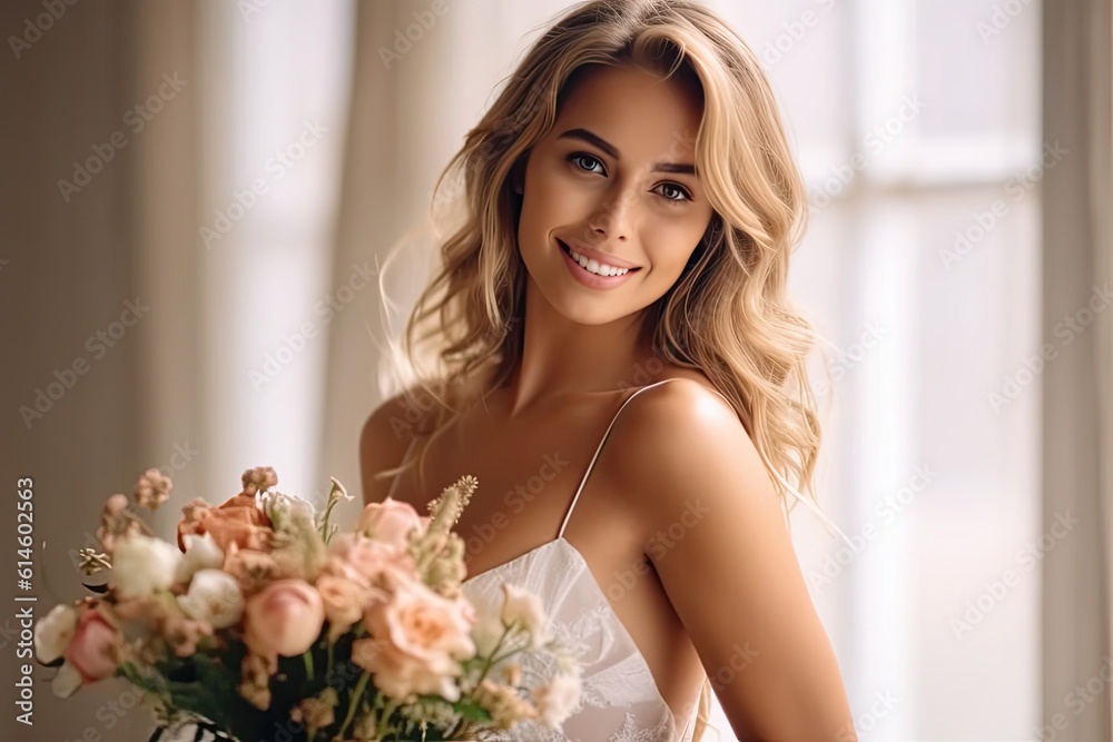 Beautiful Attractive bride wearing wedding dress smile and holding bouquet,Feeling so proud and happiness in wedding day Beautiful Attractive bride wearing wedding dress smile and holding bouquet,Feeling so proud and happiness in wedding day