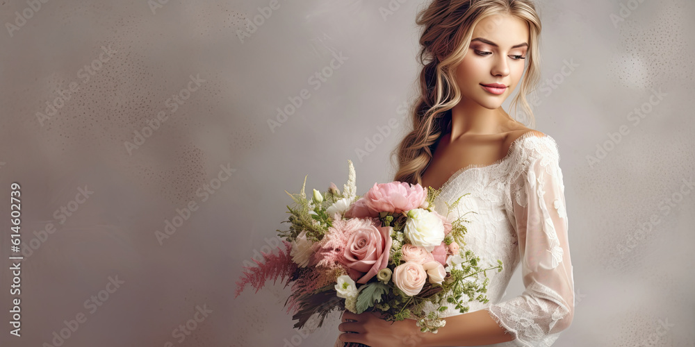 Beautiful young bride with bouquet of flowers on light background with space for text