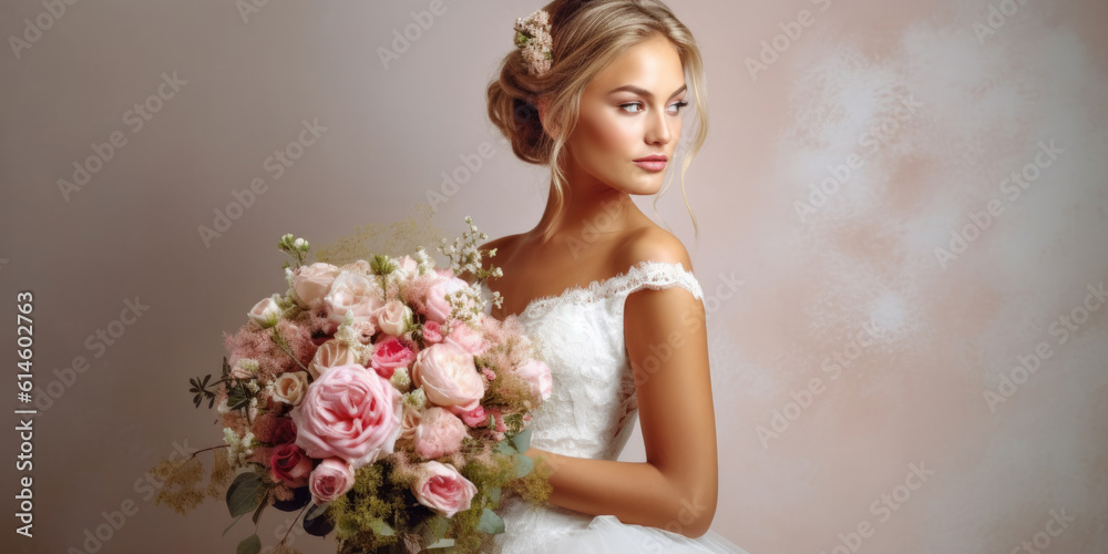 Naklejka premium Beautiful young bride with bouquet of flowers on light background with space for text