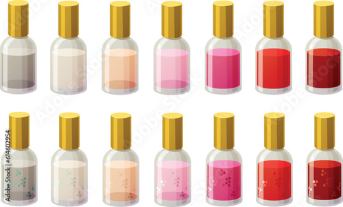 Cute vector illustration of various colored nail polish in glass bottles.
