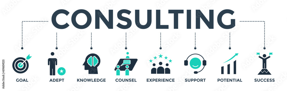 Consulting banner web icon vector illustration concept for business consultation with an icon of goals, adept, knowledge, counsel, experience, support, potential, and success Consulting banner web icon vector illustration concept for business consultation with an icon of goals, adept, knowledge, counsel, experience, support, potential, and success