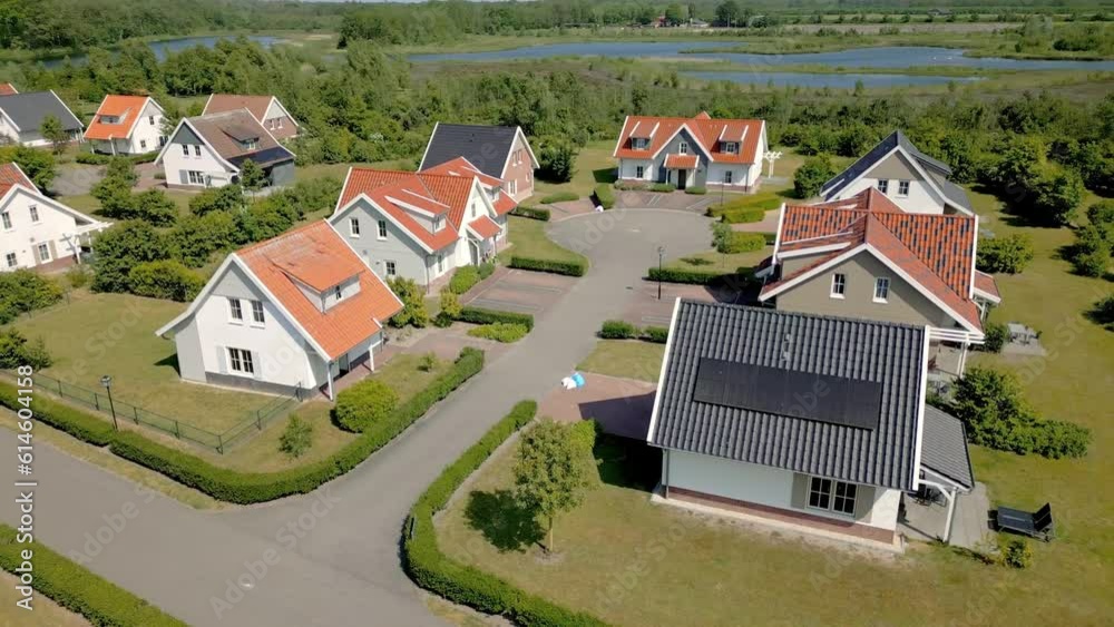 Aerial shot of luxury holiday bungalow house, structured residential area in the middle of nature, North Limburg, Netherlands Aerial shot of luxury holiday bungalow house, structured residential area in the middle of nature, North Limburg, Netherlands