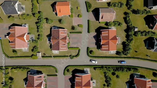 Top-down aerial view of Roompot Klein Vink Arcen luxury holiday bungalow house, structured, well-planned residential area, Limburg, The Netherlands photo