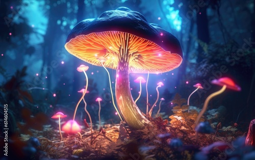 Light glow of mushroom in the forest.