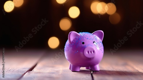 Plastic Pink piggy bank on wooden table