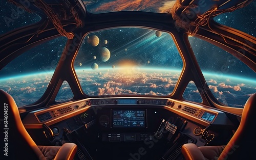 Fototapeta Naklejka Na Ścianę i Meble -  Looking out of a 1970s sci-fi style space ship with planets and stars in the distance