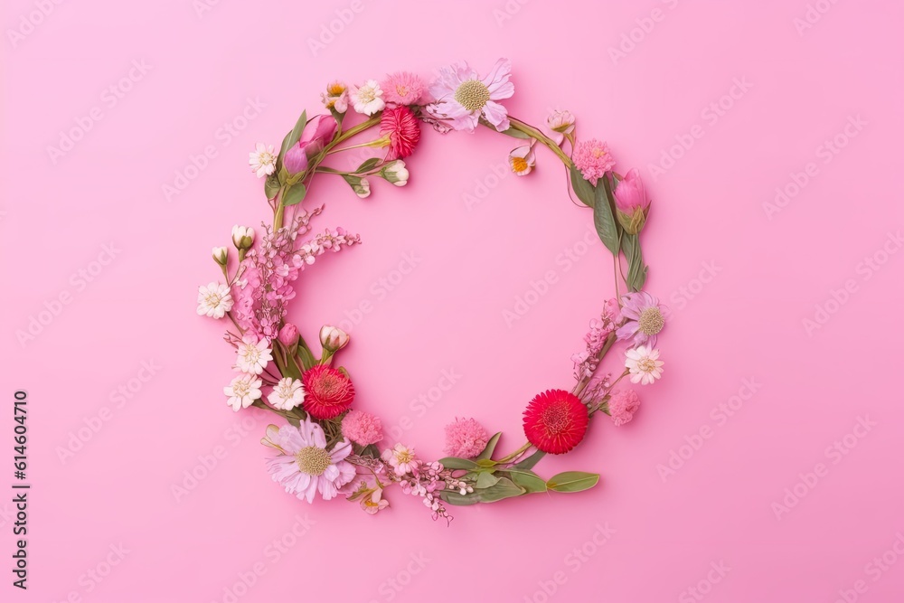 Wreath of flowers at the pink background.