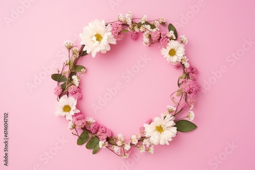 Wreath of flowers at the pink background.