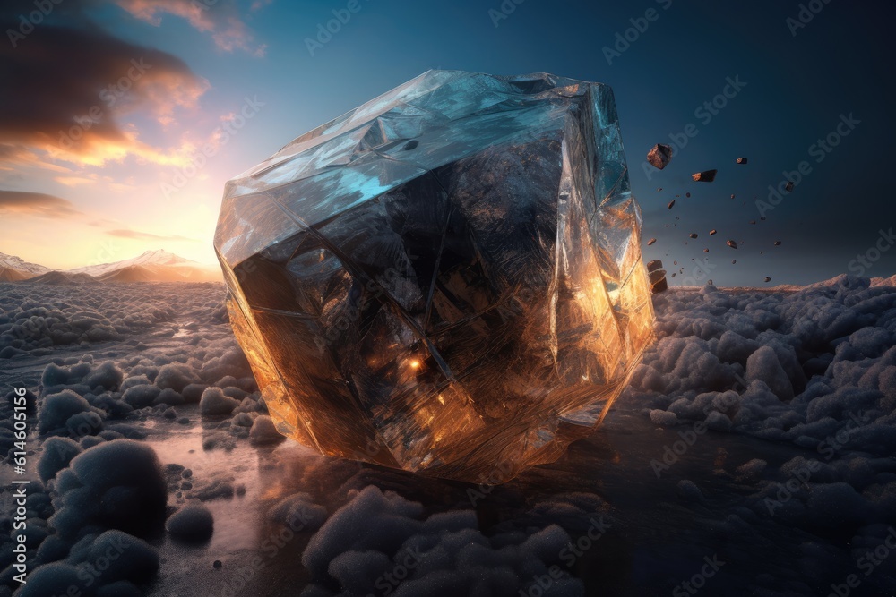 A piece of the cube floating at the background with light glow.