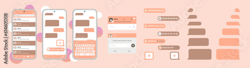 Concept of a pop-up message on messenger shows a mobile screen with a chat dialogue box displaying text messages exchanged between two users. Vector.