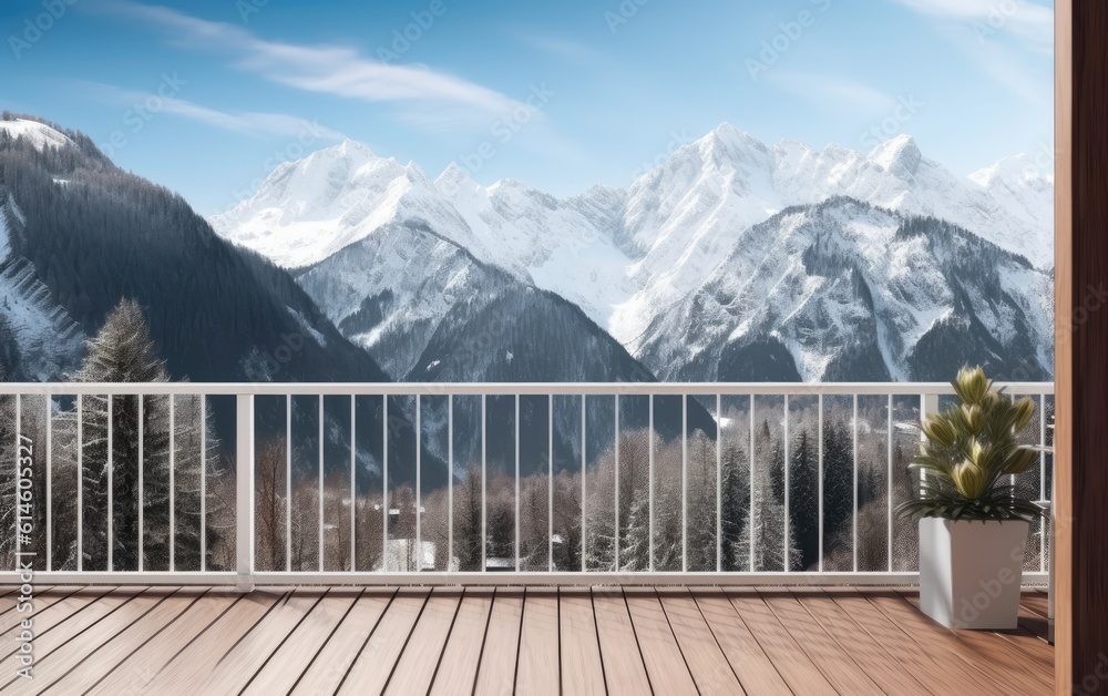 View from the balcony on the snow mountain. 
