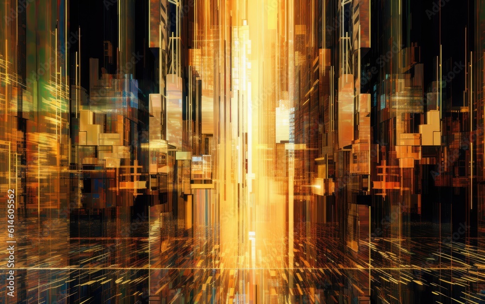 Futuristic prism city with oscillator spectrum.