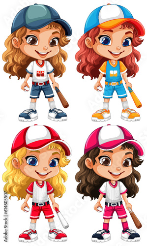 Set of Girls Holding Baseball Bats