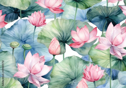 Watercolor lotus flower in the garden. 