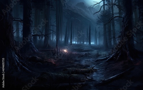 Eerie dark and mysterious forest.