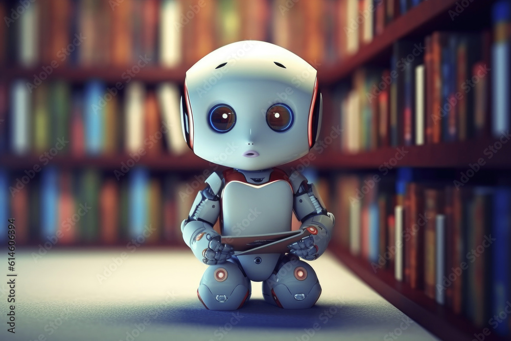 Obraz premium AI Learn Concept. Small Baby Robotic Futuristic Technology Drone Read the Book in Library extreme closeup. Generative AI.
