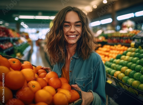 Beautyful Smiling Woman in the Grocery Store with Fruits extreme closeup. Generative AI