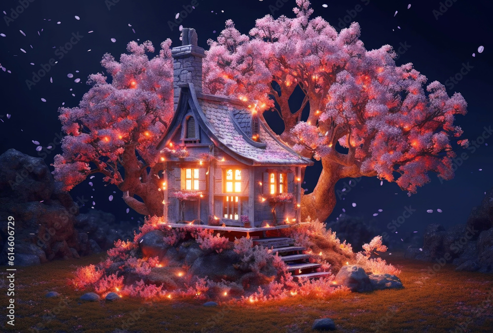 Obraz premium Beautiful Magic Fairy House in Fairy Forest extreme closeup. Generative AI