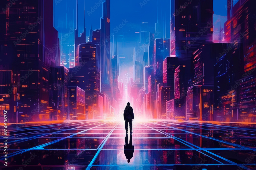 A Man Looking at Cyberpunk City in Neon Colors extreme closeup. Generative AI
