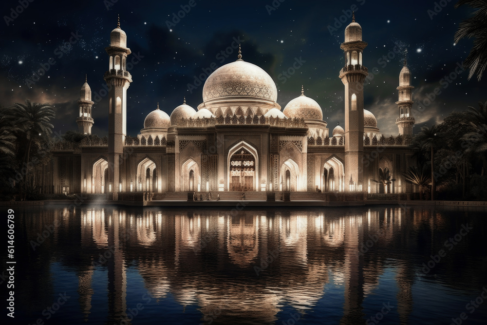 Obraz premium The Beautiful Mosque Glows at Night Against the Dark Sky extreme closeup. Generaive AI