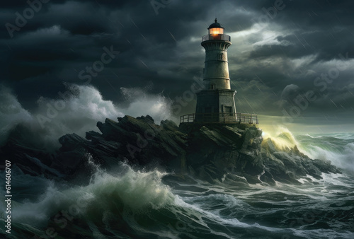 Lighthouse in a Big Waves Stormy Sea or Ocean and Dark Clouds Sky. Generative AI