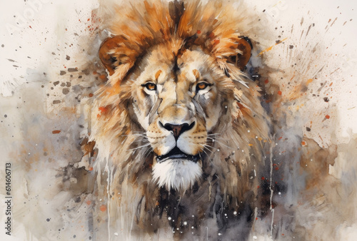 Watercolor Head of Lion Portrait on a white background. Generative AI