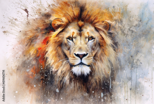 Watercolor Head of Lion Portrait on a white background. Generative AI