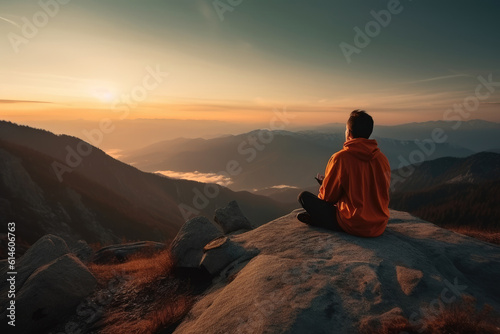 A Man Relaxes and Meditates on the Top of a Mountain in the Sunset Light extreme closeup. Generative AI